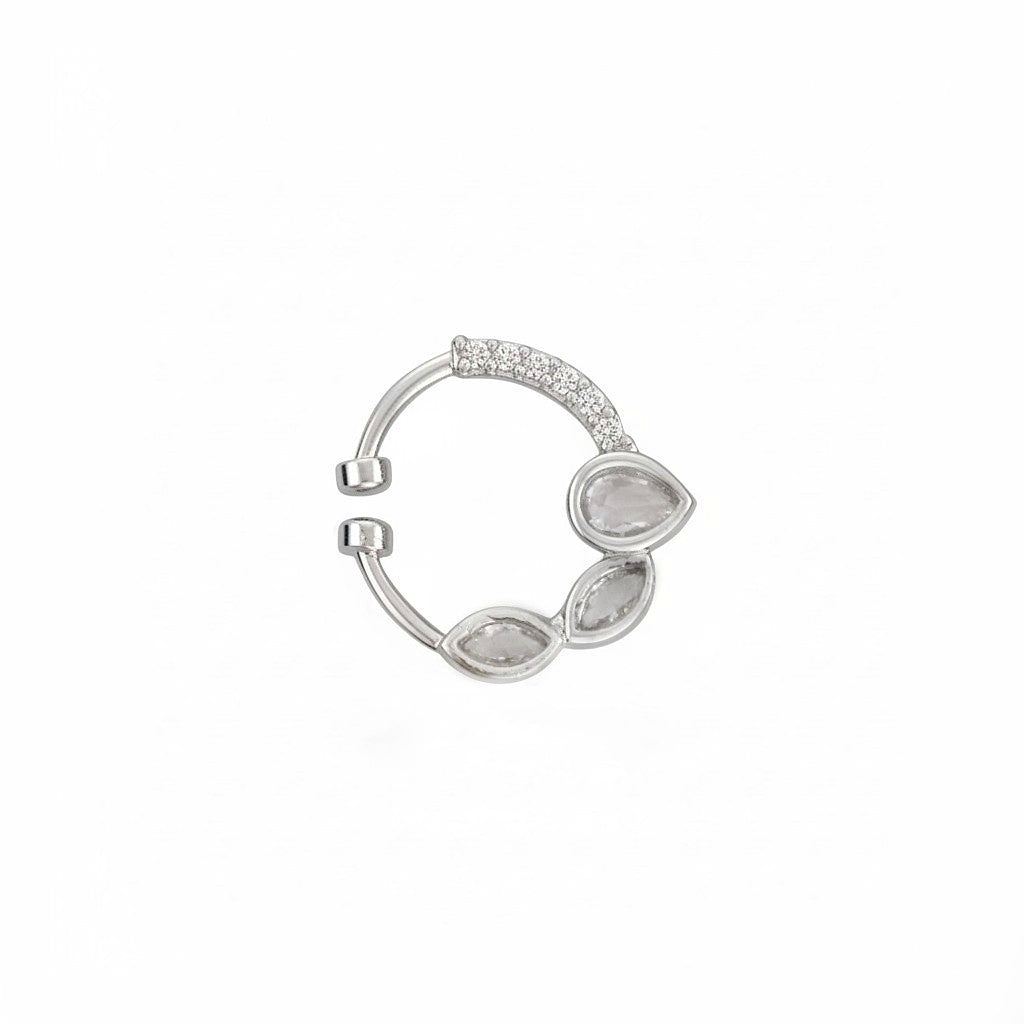 Rhodium Plated Triple Teardrop CZ Nose Pin