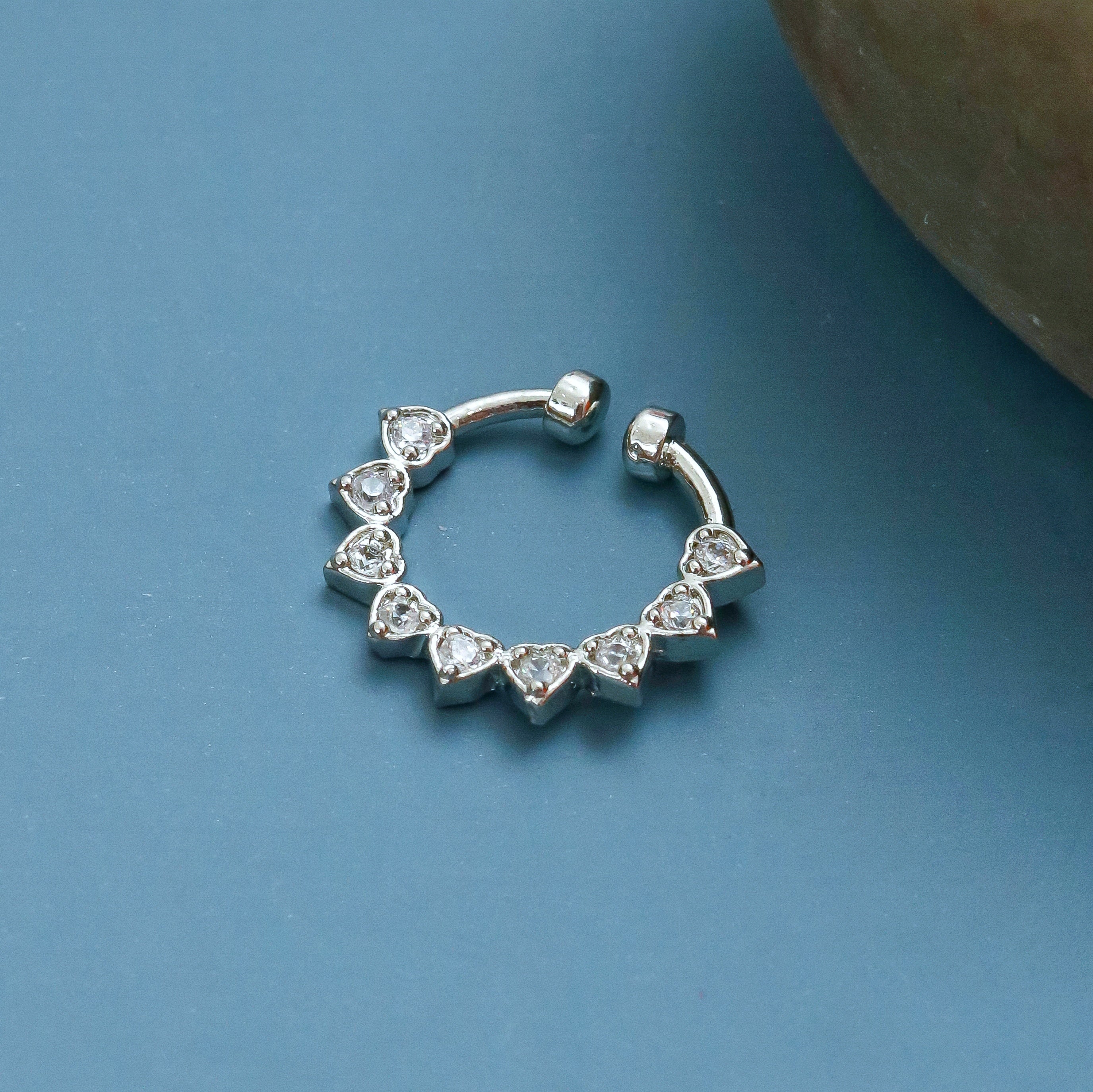 Rhodium Plated Heart Shape CZ Nose Pin