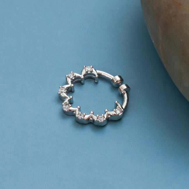 Rhodium Plated Scallop Design CZ Nose Pin