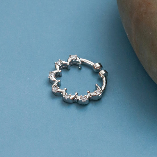 Rhodium Plated Scallop Design CZ Nose Pin