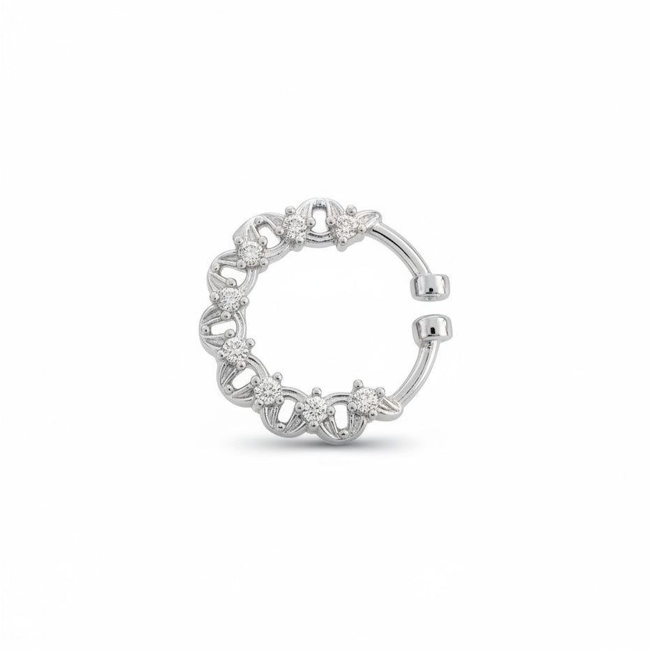 Rhodium Plated Crown Design CZ Nose Pin