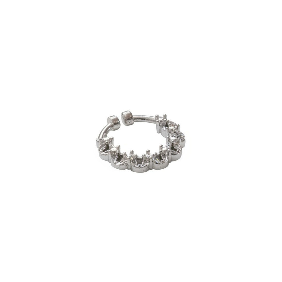 Rhodium Plated Crown Design CZ Nose Pin