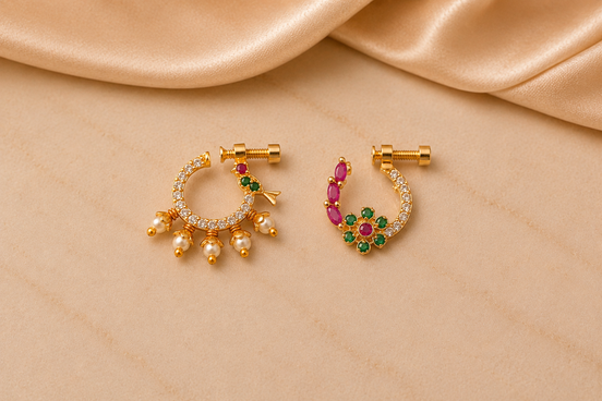 Traditional Gold-Plated South Indian Mookuthi Non-Piercing Clip-On Bridal Nath Set
