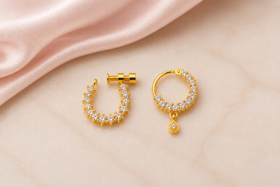 Gold Plated CZ Studded Traditional Indian Bridal Nose Ring Set