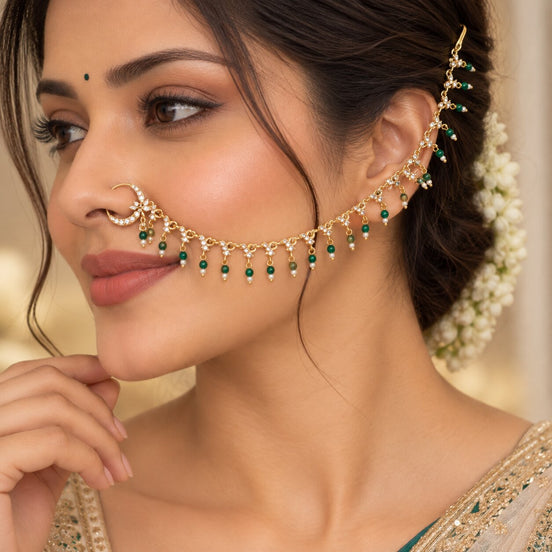 Floral Beaded Traditional Stone Studded Nose Pin