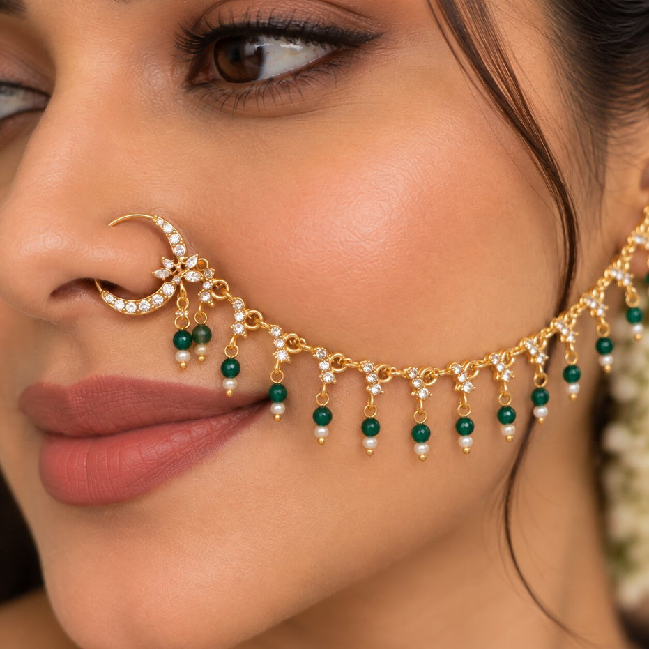 Floral Beaded Traditional Stone Studded Nose Pin