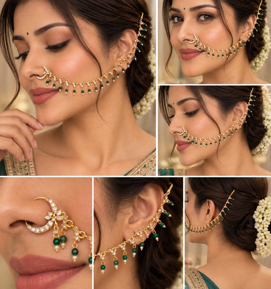 Floral Beaded Traditional Stone Studded Nose Pin