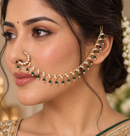 Stone Studded Beaded Drop Nose Ring