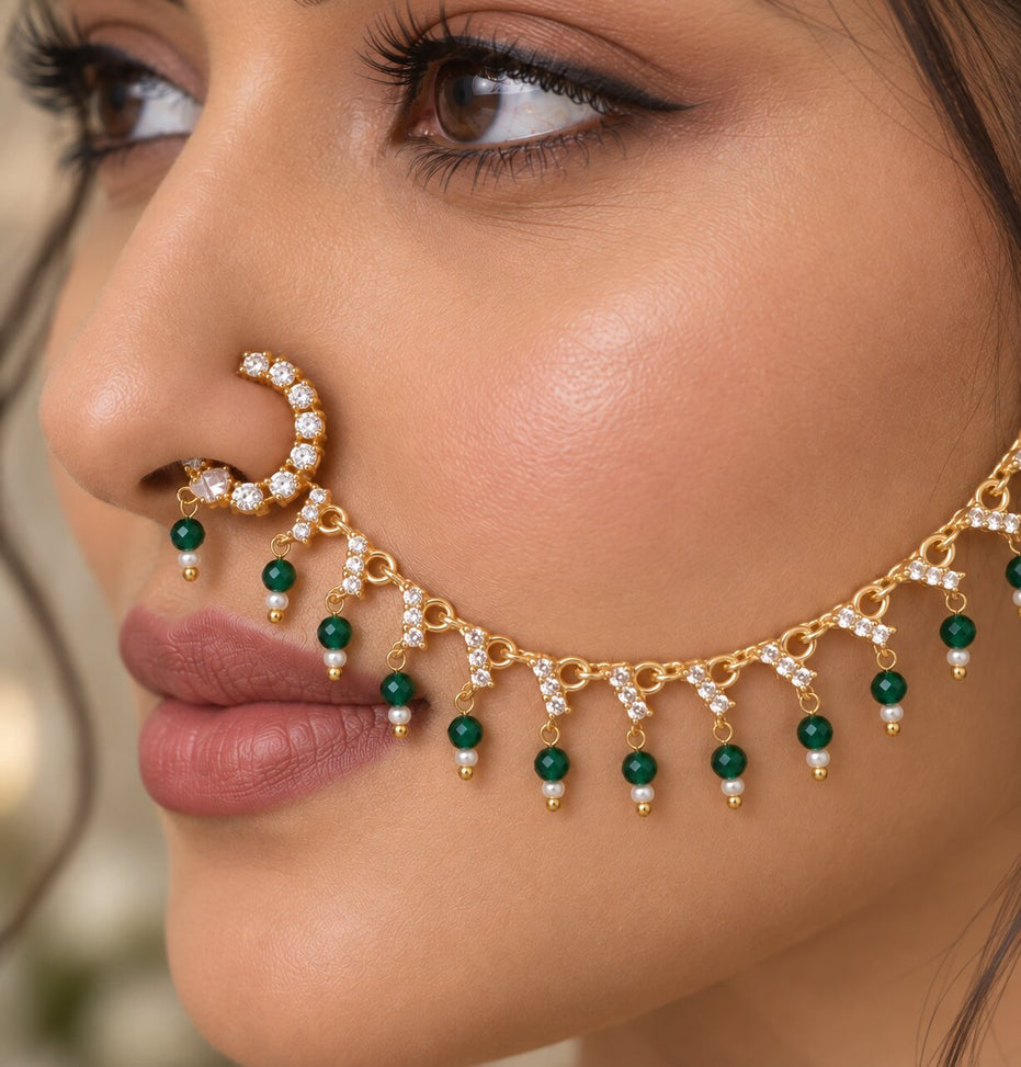 Stone Studded Beaded Drop Nose Ring