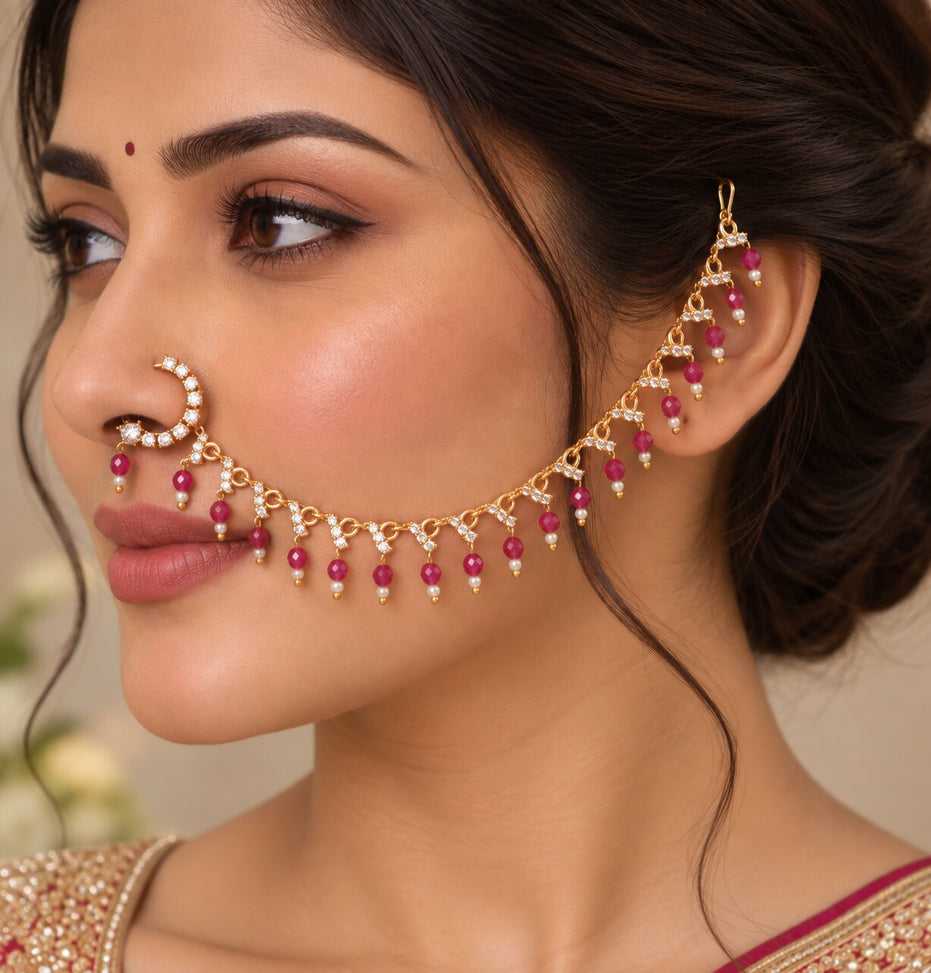 Stone Studded Beaded Drop Nose Ring