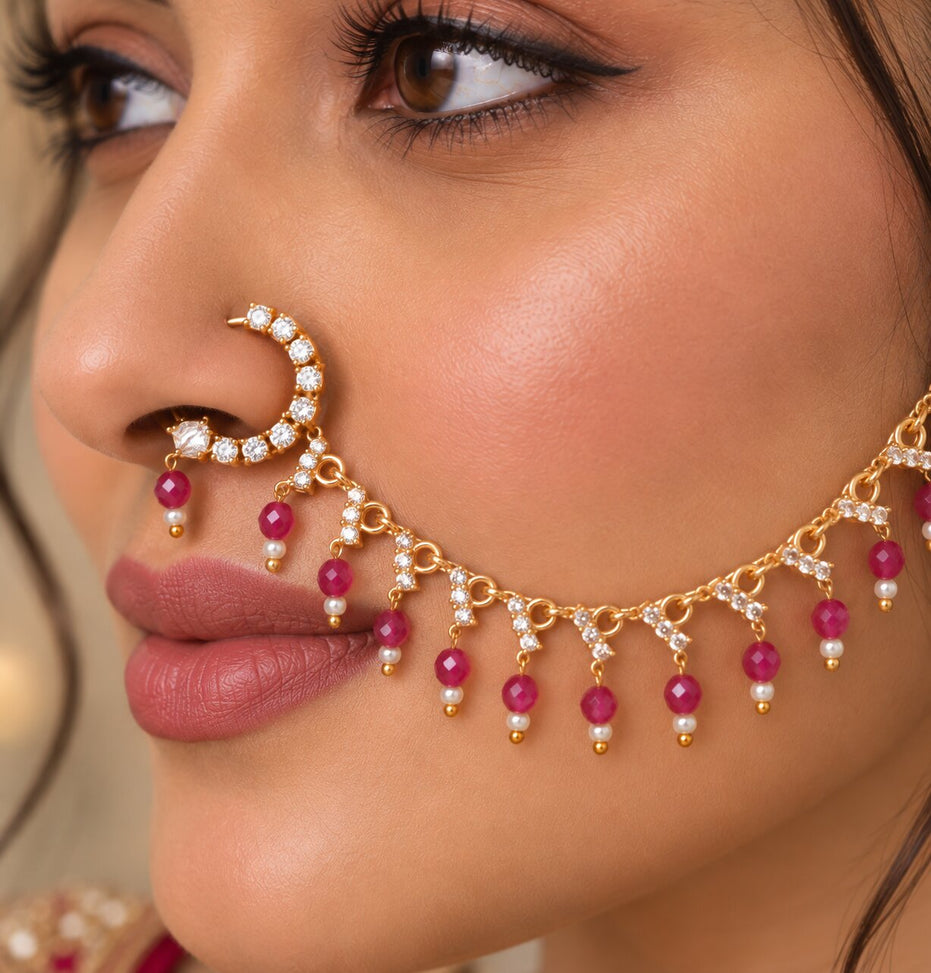 Stone Studded Beaded Drop Nose Ring