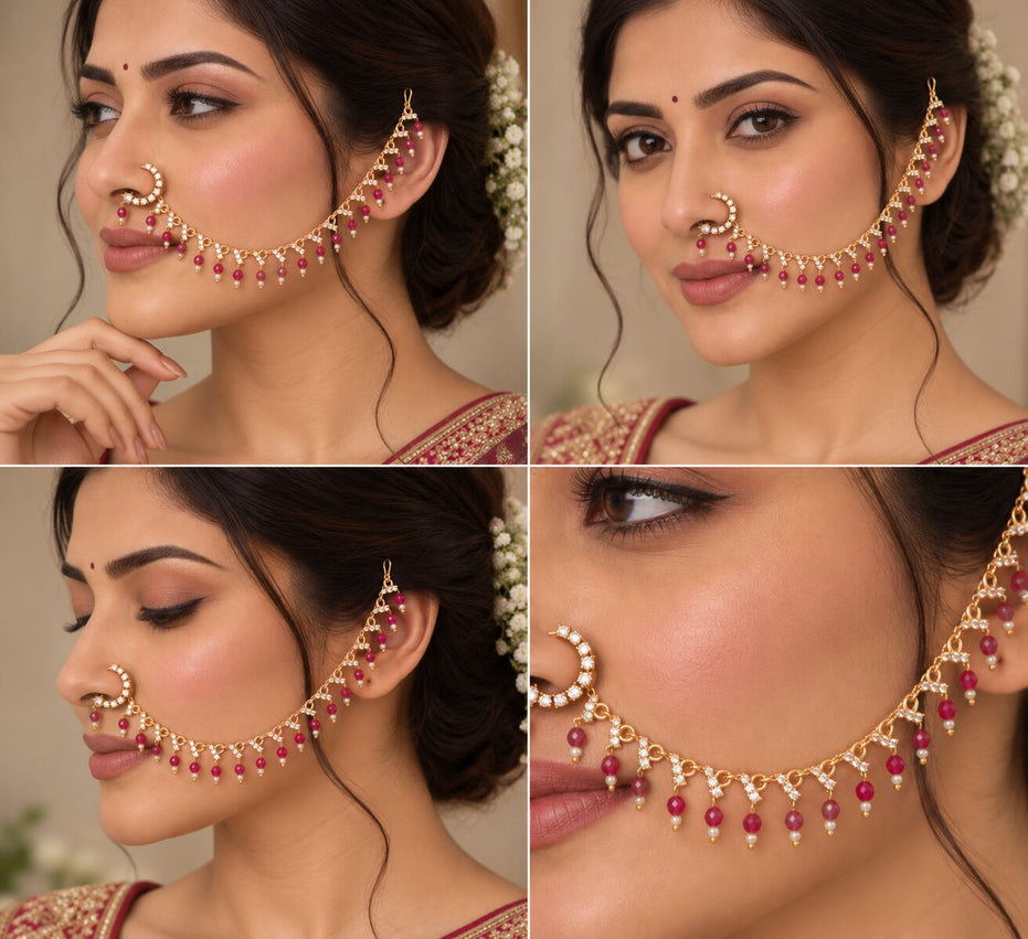 Stone Studded Beaded Drop Nose Ring