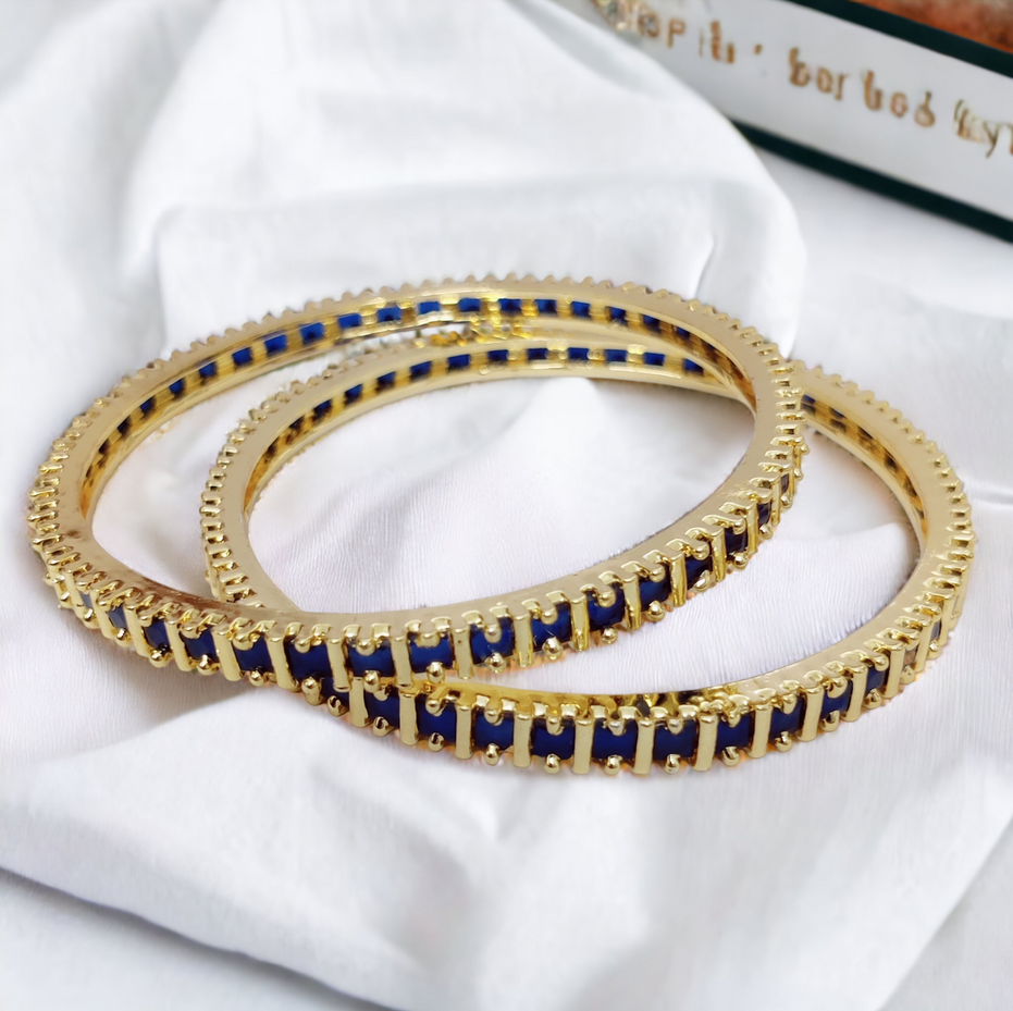 Gold Plated Stone Studded Geometric Bangle Set with Rectangular Stone Pattern (Pack of 2)