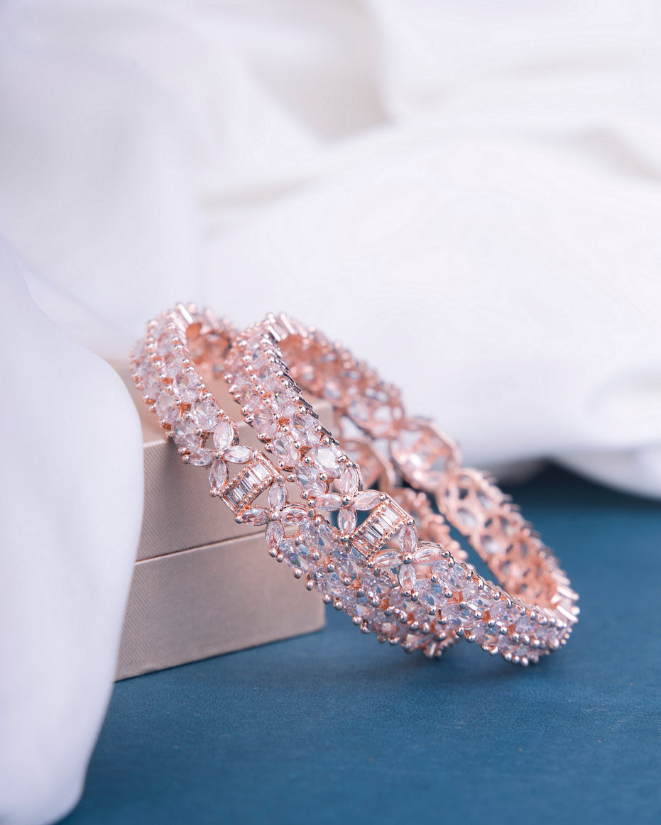 Rose Gold Plated Floral Crystal Stone Studded Bangles Set (Pack of 2)