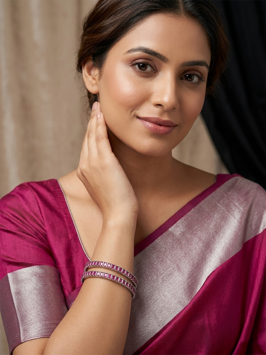 Rose Gold Plated American Diamond Rectangular Baguette Pattern Bangles Set (Pack of 2)