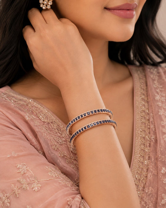 Rose Gold Plated American Diamond Rectangular Baguette Pattern Bangles Set (Pack of 2)
