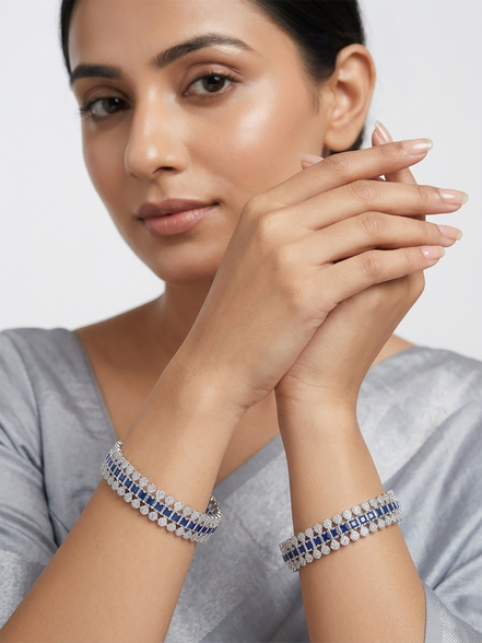 Rhodium Plated American Diamond Beaded Border Pattern Designer Bangles Set  (Pack of 2)
