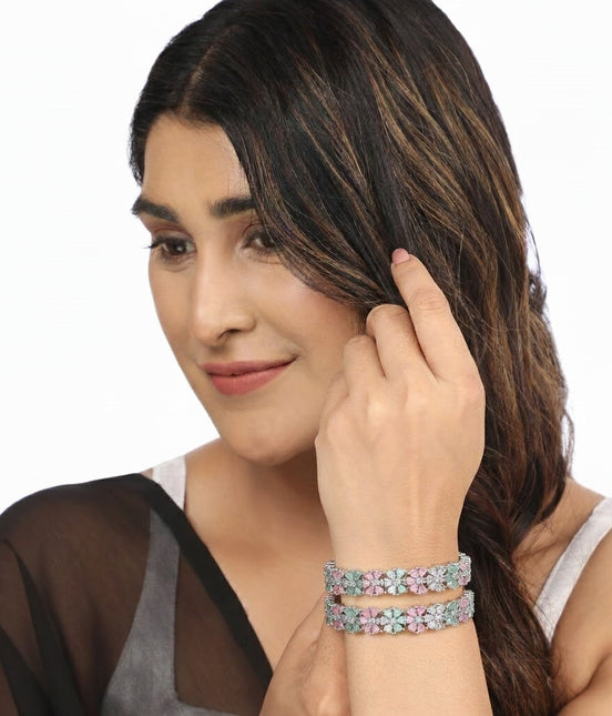Rhodium Plated American Diamond Floral Pattern Designer Bangles Set ( Pack Of 2)