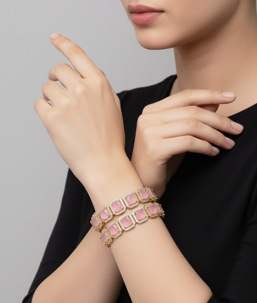 Gold Plated American Diamond Geometric Square Link Pattern Designer Bangles Set (Pack of 2)