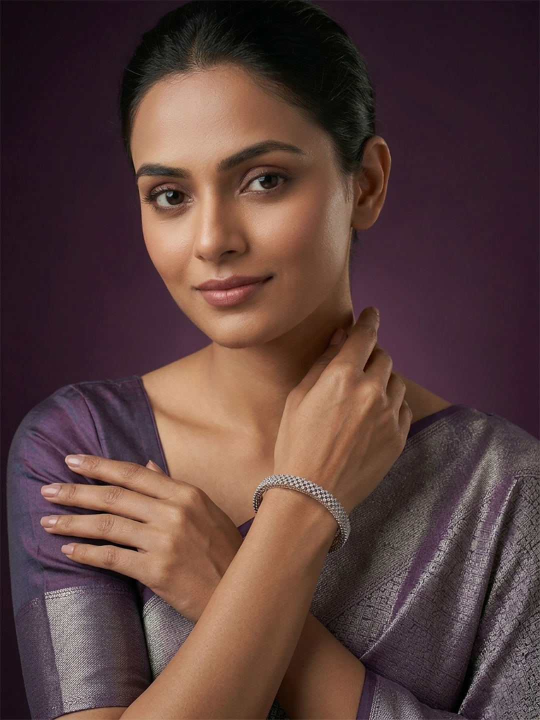 3 Line AD Studded Rhodium Plated Bangles (Pack of 2)