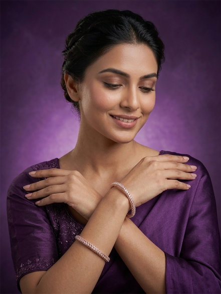Rose Gold Plated American Diamond Baguette Pattern Designer Bangles Set (Pack of 2)