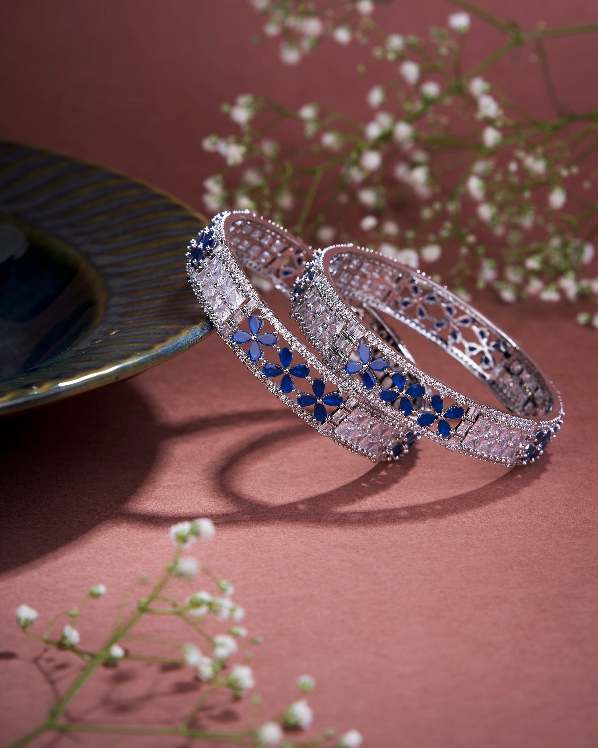 Crimson Flower Rhodium Bangles