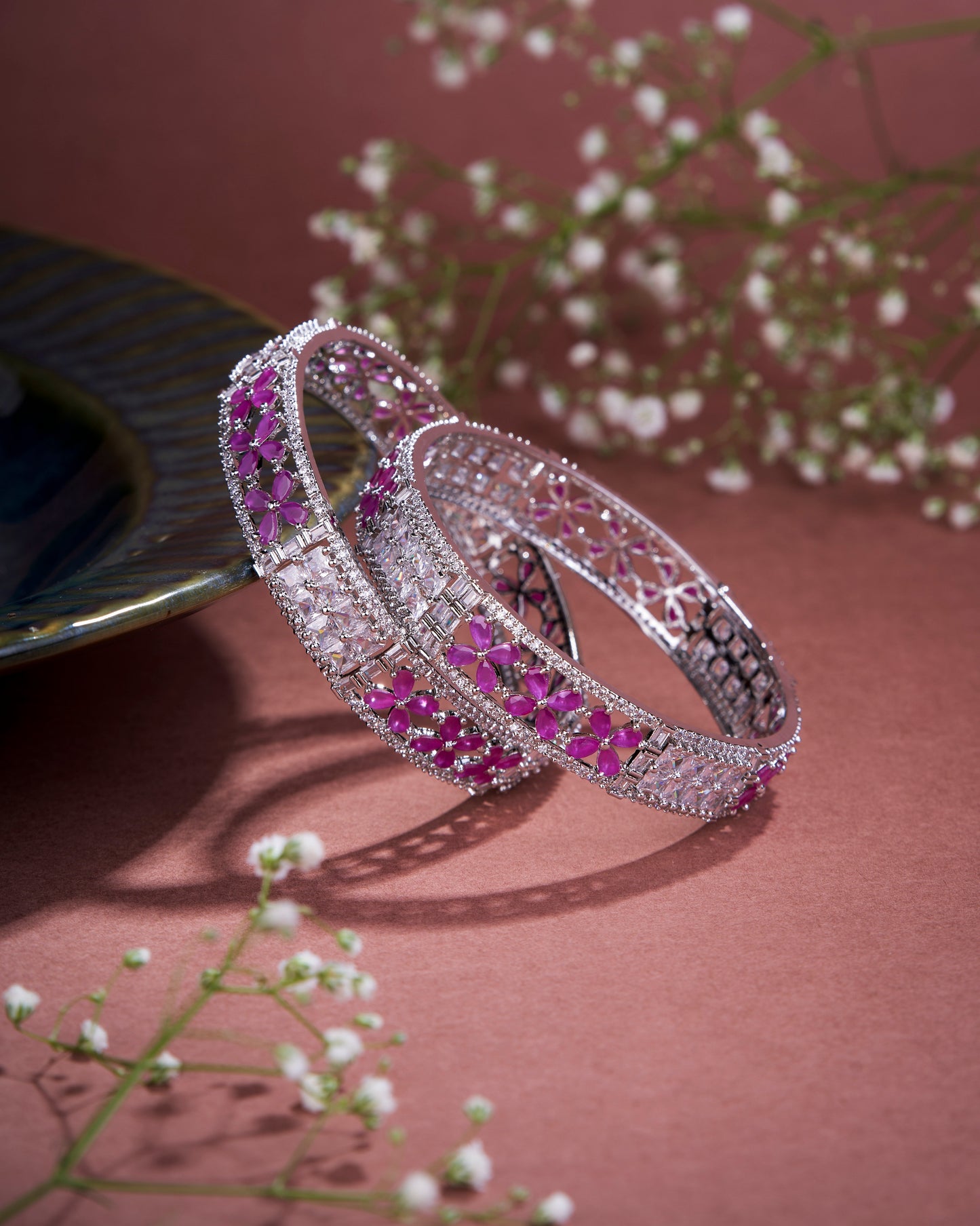 Crimson Flower Rhodium Bangles