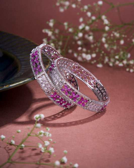 Crimson Flower Rhodium Bangles