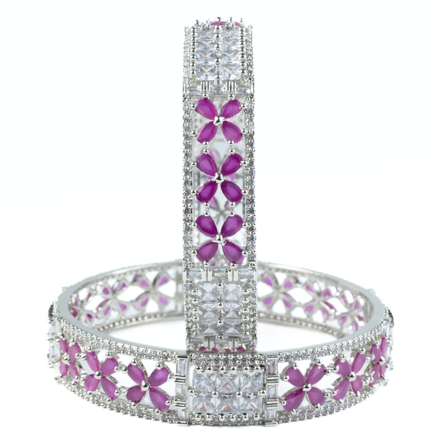 Crimson Flower Rhodium Bangles (Pack of 2)
