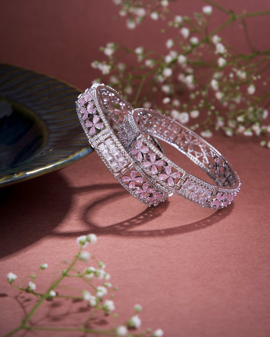 Crimson Flower Rhodium Bangles