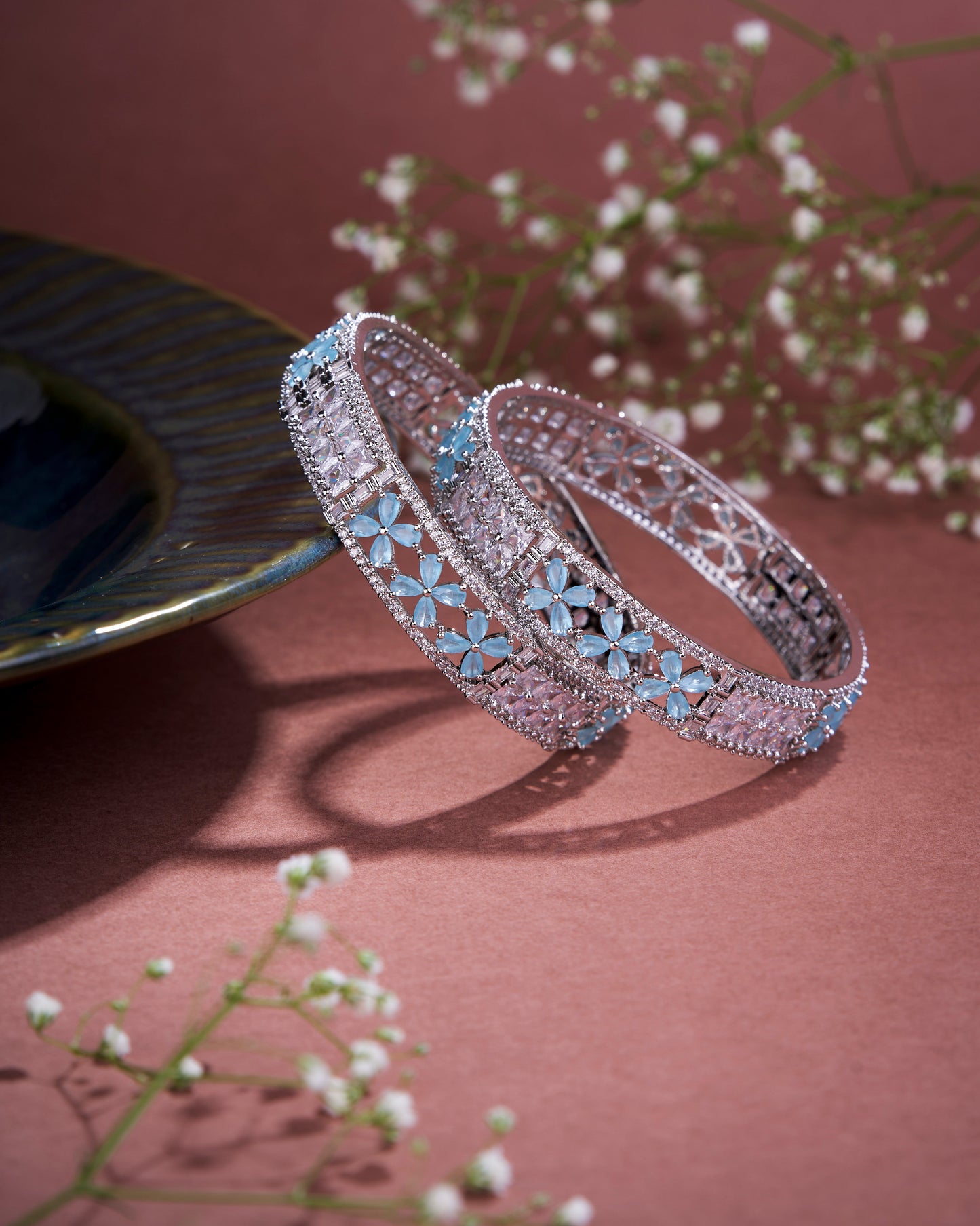 Crimson Flower Rhodium Bangles