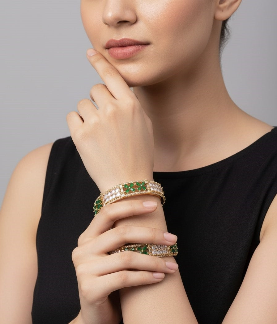 Gold Plated American Diamond Floral Pattern Designer Bangles Set (Pack of 2)