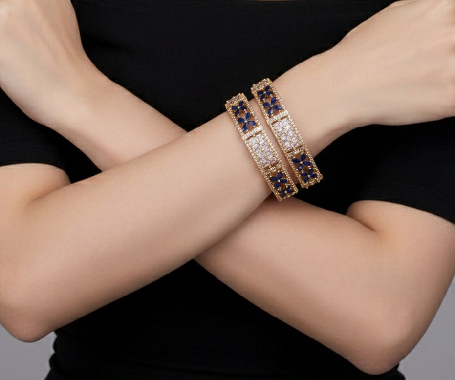 Gold Plated American Diamond Floral Pattern Designer Bangles Set (Pack of 2)