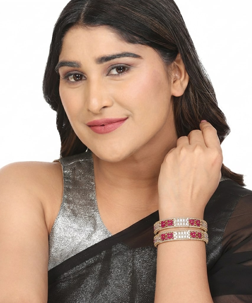 Gold Plated American Diamond Floral Pattern Designer Bangles Set (Pack of 2)