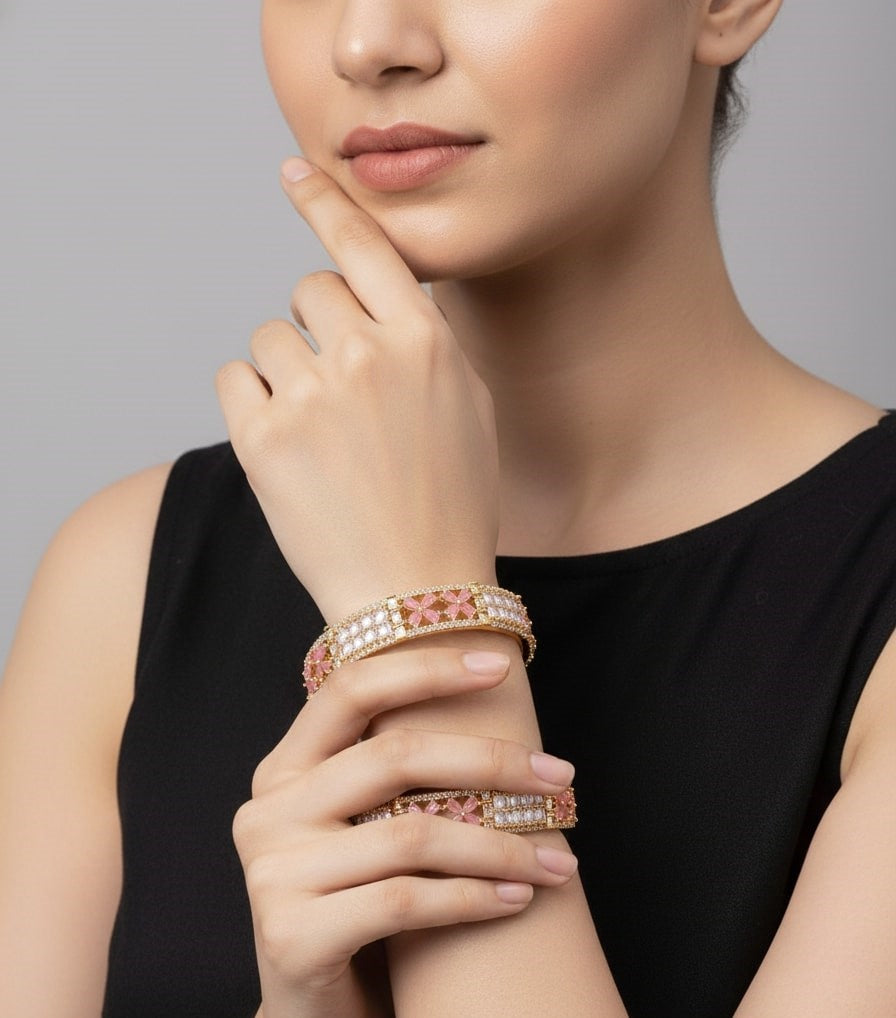 Gold Plated American Diamond Floral Pattern Designer Bangles Set (Pack of 2)