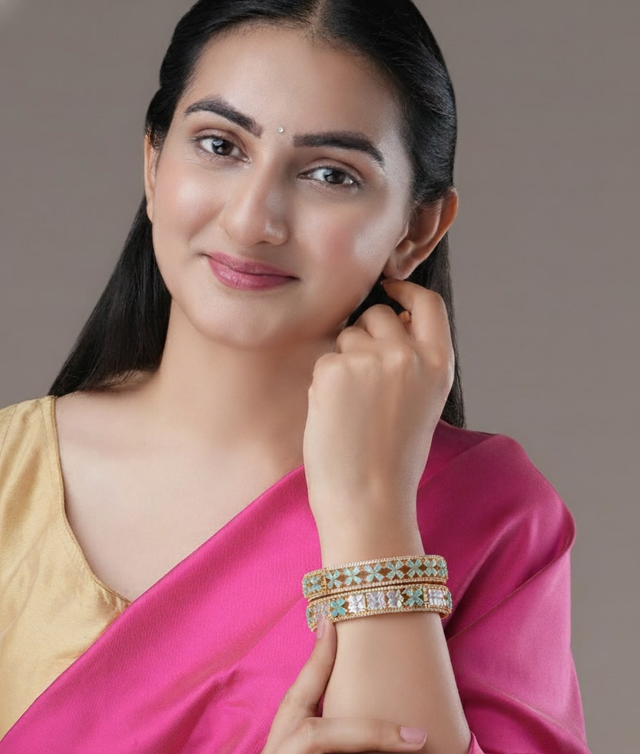 Gold Plated American Diamond Floral Pattern Designer Bangles Set (Pack of 2)