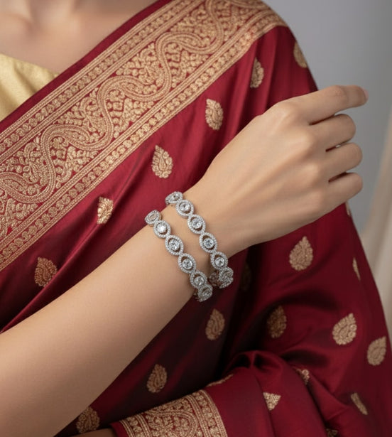 Rhodium Plated American Diamond Oval Pattern Designer Bangles Set (Pack of 2)