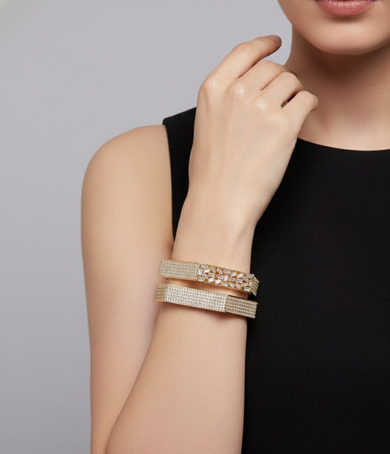 Gold Plated American Diamond Geometric Criss-Cross Baguette Pattern Designer Bangles Set (Pack of 2)