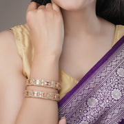 Gold Plated American Diamond Emerald Cut Tennis Pattern Designer Bangles Set (Pack of 2) Golden