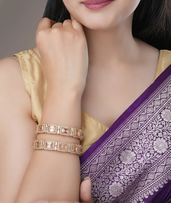 Gold Plated American Diamond Emerald Cut Tennis Pattern Designer Bangles Set (Pack of 2) Golden