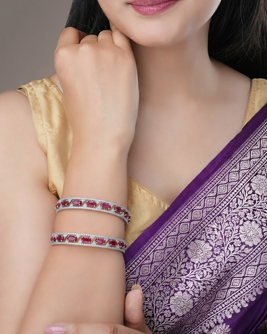 Stylish Zig Zag Oval Rhodium Bangles (Pack of 2)