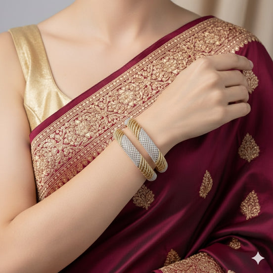 Gold Plated American Diamond Criss Cross Twist Pattern Designer Bangles Set (Pack of 2)