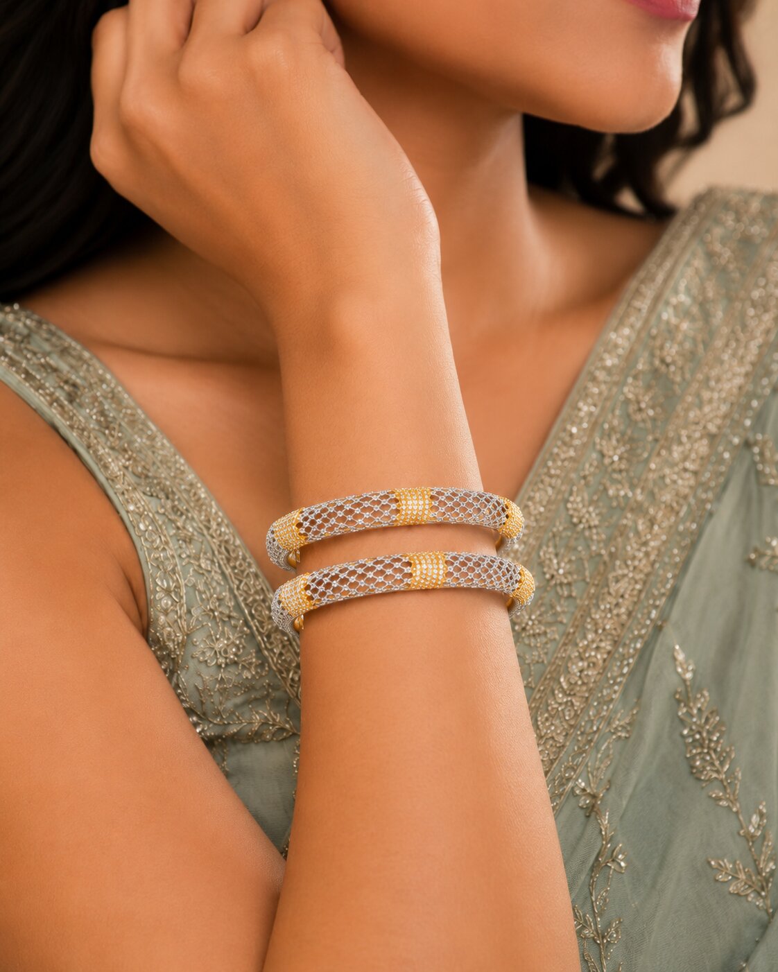 Gold Plated American Diamond Floral Mesh Pattern Designer Bangles Set (Pack of 2)