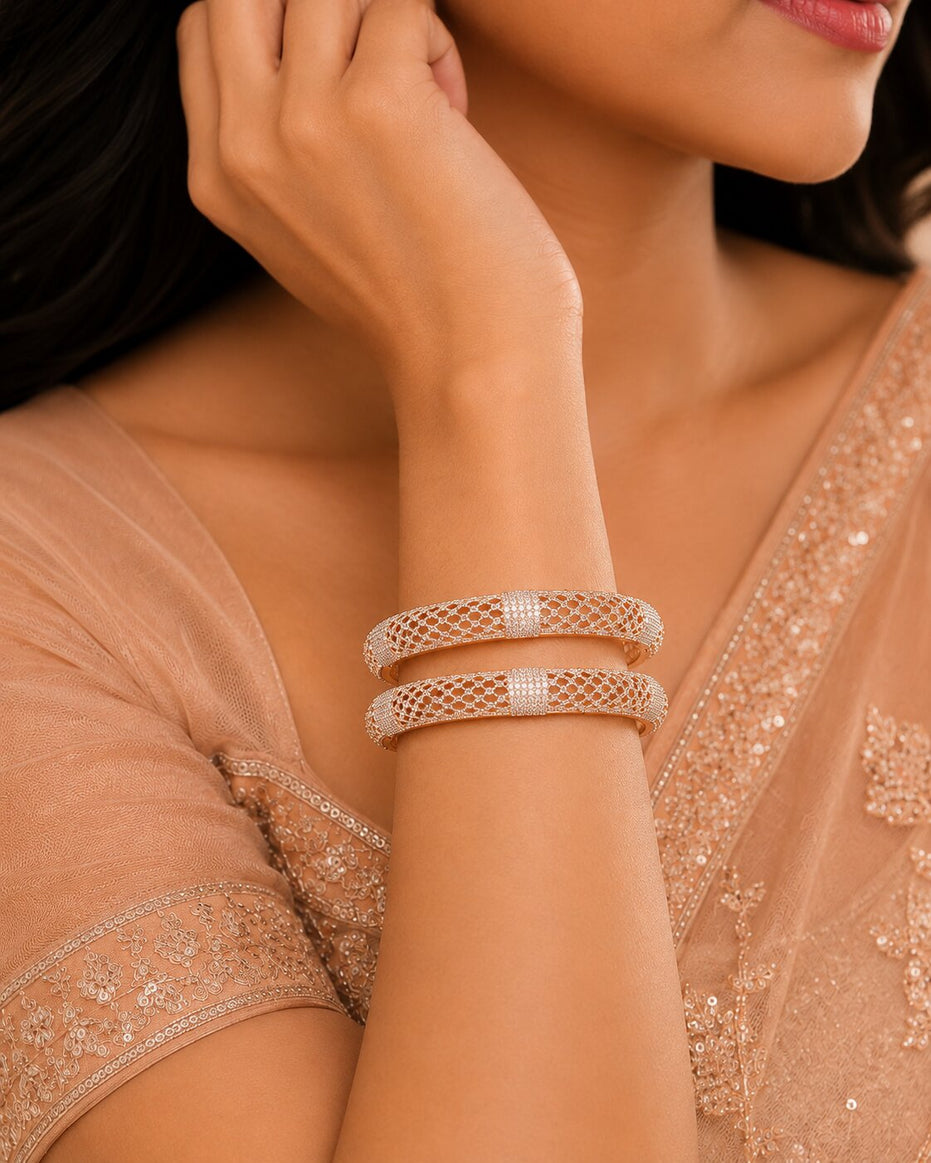 Rose Gold Plated American Diamond Floral Mesh Pattern Designer Bangles Set (Pack of 2)