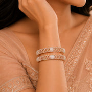 Rose Gold Plated American Diamond Floral Mesh Pattern Designer Bangles Set (Pack of 2)
