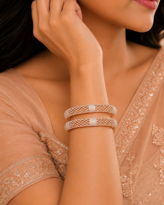 Rose Gold Plated American Diamond Floral Mesh Pattern Designer Bangles Set (Pack of 2)