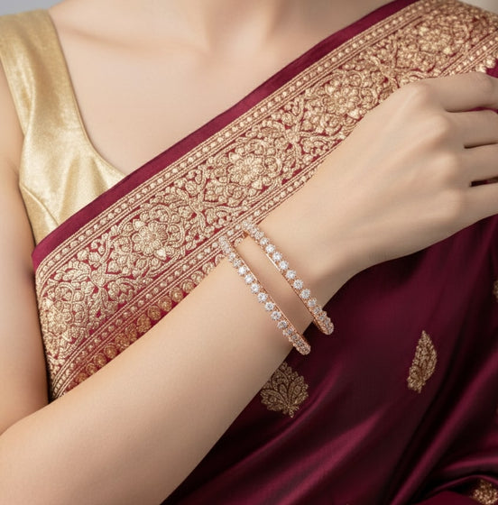 Rose Gold Plated American Diamond Floral Border Pattern Designer Bangles Set (Pack of 2)