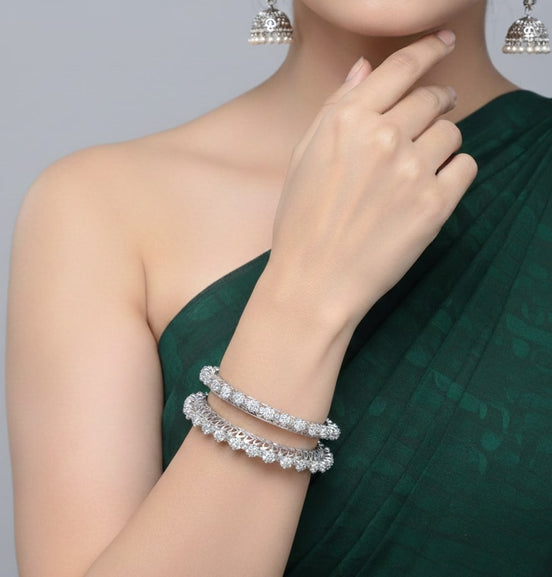 Rhodium Plated American Diamond Floral Border Pattern Designer Bangles Set (Pack of 2)