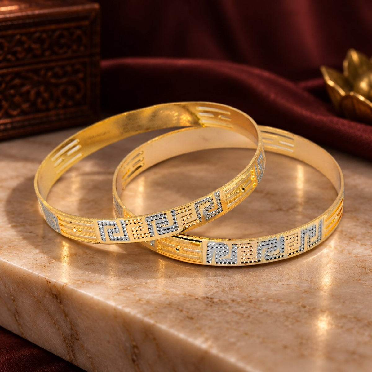 Gold & Silver Plated Geometric Pattern Designer Bangle Set with Textured Detailing – Pack of 2