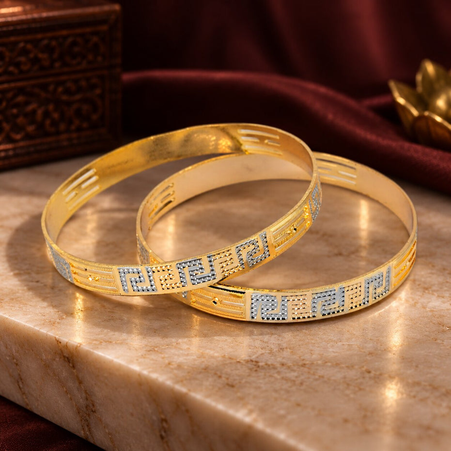 Gold & Silver Plated Geometric Pattern Designer Bangle Set with Textured Detailing – Pack of 2